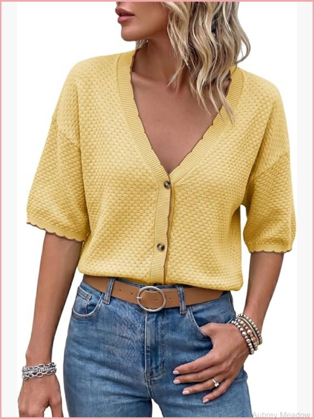 Textured Knit V-Neck Button Down Cardigan - Short Sleeve Cotton Top - Picture 1 of 7
